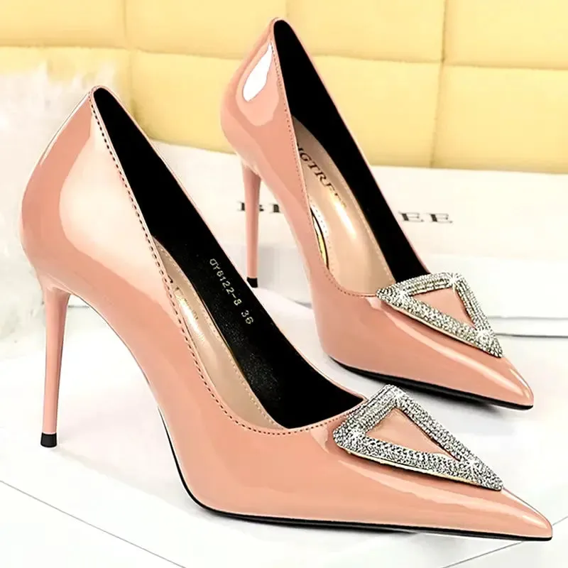 Super high heel shoes with patent leather shallow mouth pointy side hollowed-out rhinestone buckle super high heel women's shoes