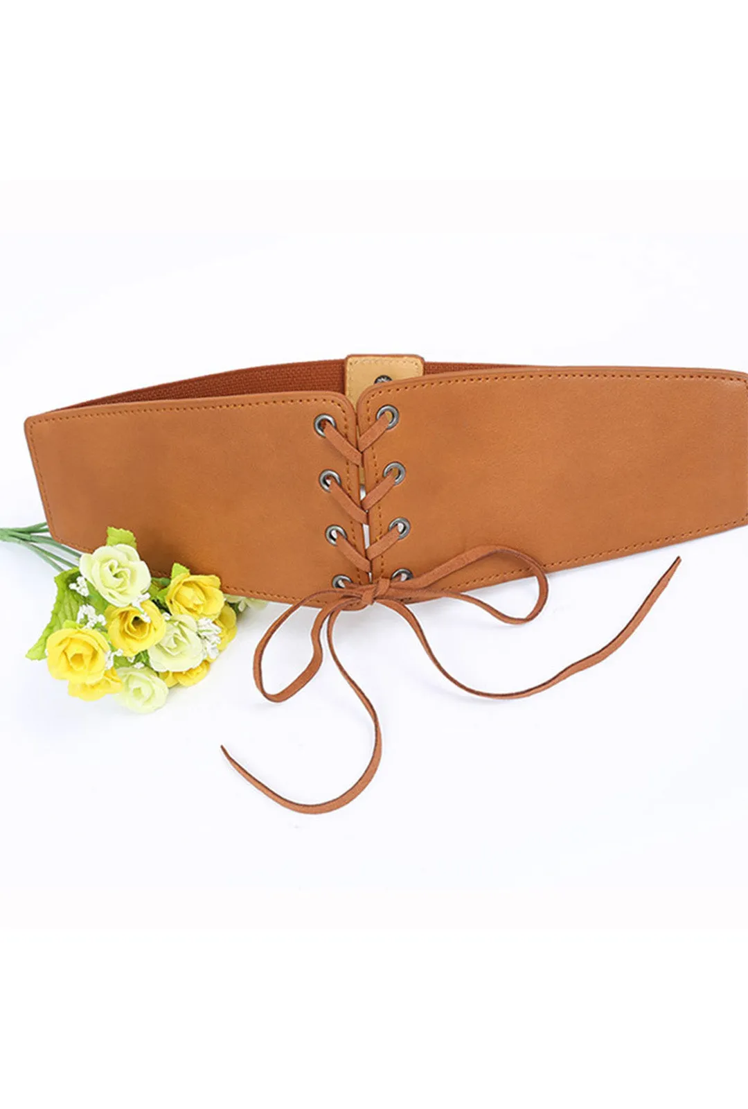 Tan Brown Pleather Lace-Up Belt