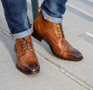 Tan Brown Wing Tip Brogue Ankle High Lace Up Boots
