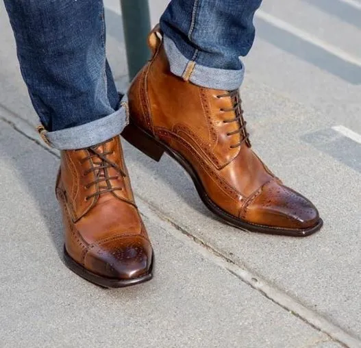 Tan Brown Wing Tip Brogue Ankle High Lace Up Boots