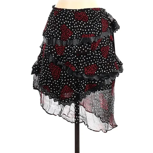 The Kooples Heart Skirt Size 2 XS Small Black Red Asymmetrical Valentines Day S