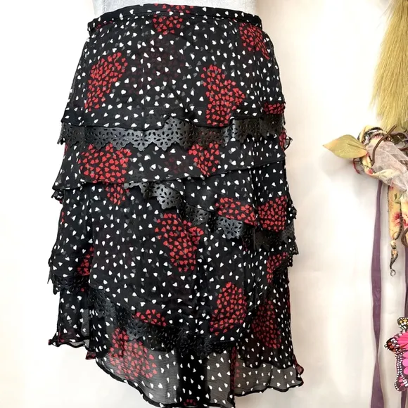 The Kooples Heart Skirt Size 2 XS Small Black Red Asymmetrical Valentines Day S