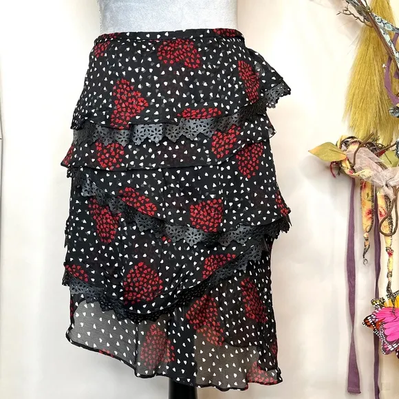The Kooples Heart Skirt Size 2 XS Small Black Red Asymmetrical Valentines Day S