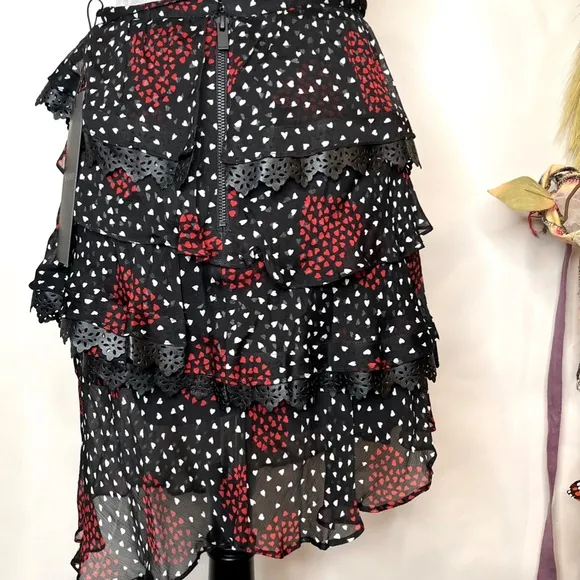 The Kooples Heart Skirt Size 2 XS Small Black Red Asymmetrical Valentines Day S