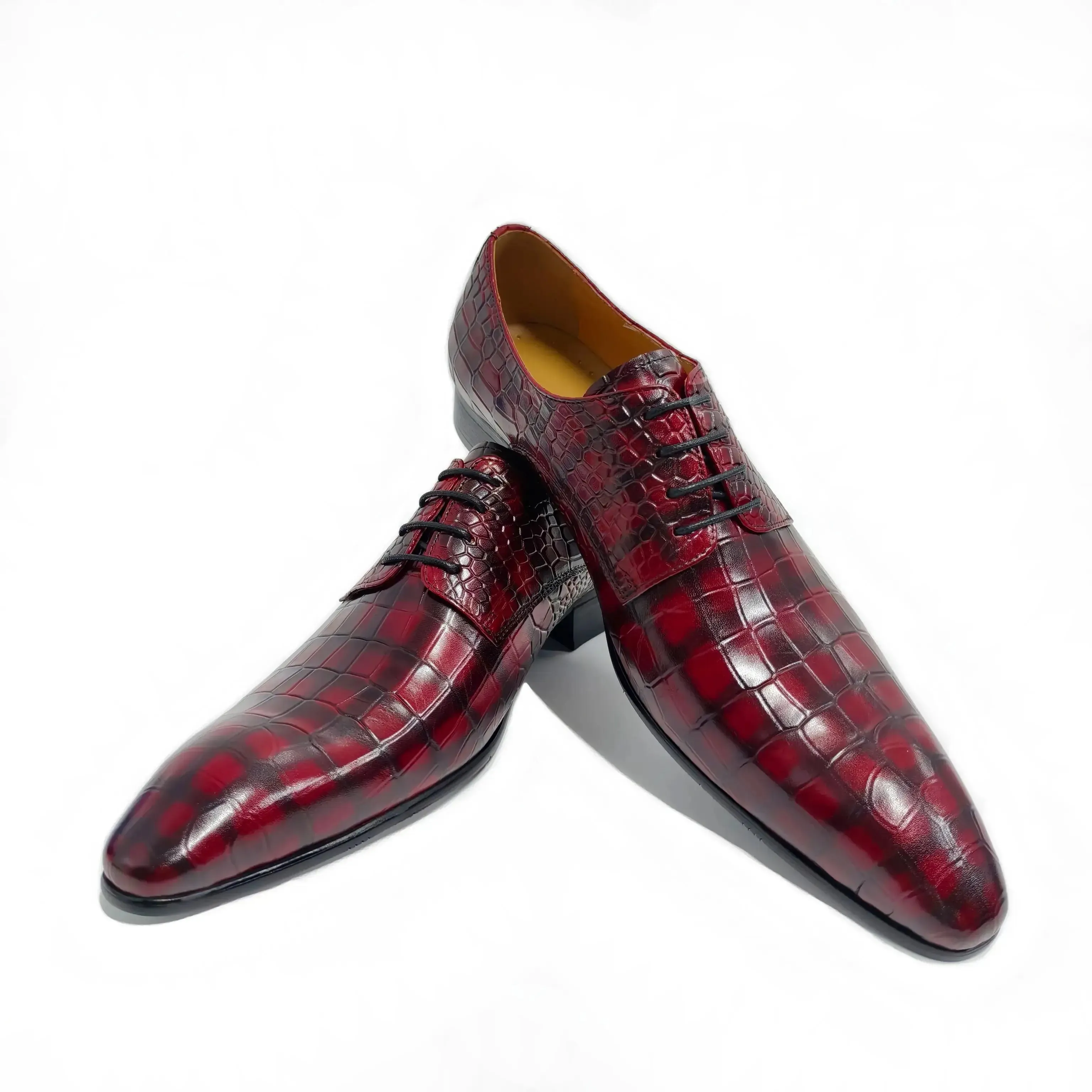The shin - Unique animal print burgundy derby dress shoes for men