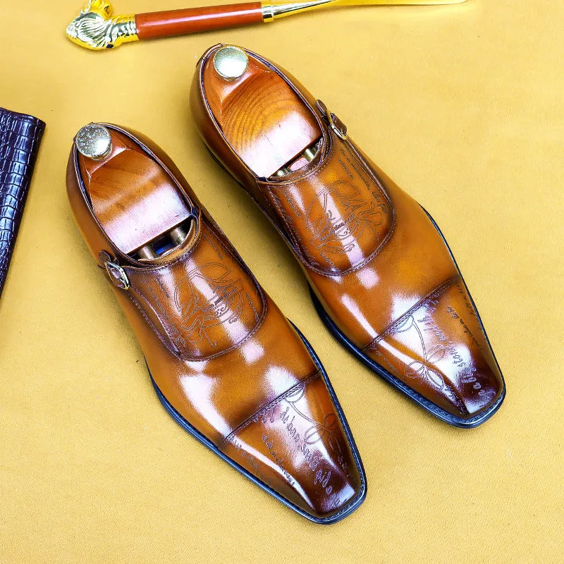 Top Layer Cowhide Men's Leather Shoes Business Formal Wear Leather Shoes Men's Genuine Leather England Style Buckle Monk Monk Shoes Carved Cowhide Men's Shoes89812