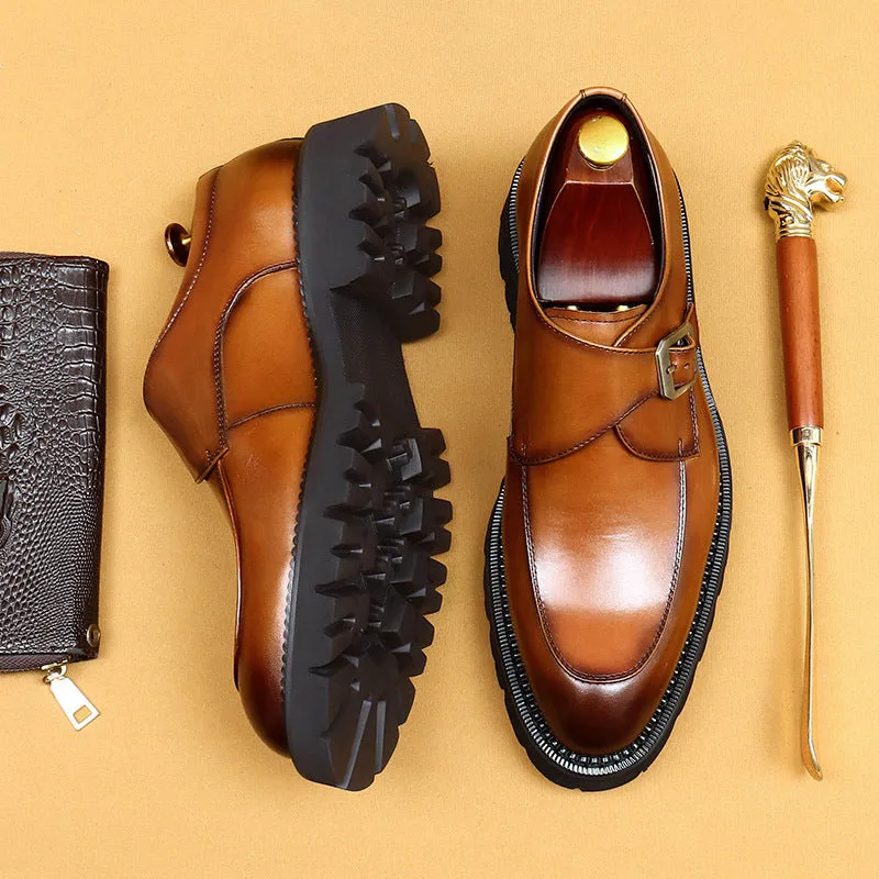 Top Layer Cowhide Men's Leather Shoes Business Leather Shoes Men's Leather Pointed British Style Slip-on Buckle Monk Shoes Platform Men's Shoes96151
