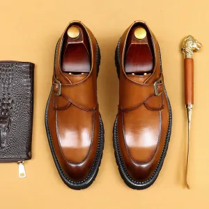 Top Layer Cowhide Men's Leather Shoes Business Leather Shoes Men's Leather Pointed British Style Slip-on Buckle Monk Shoes Platform Men's Shoes96151
