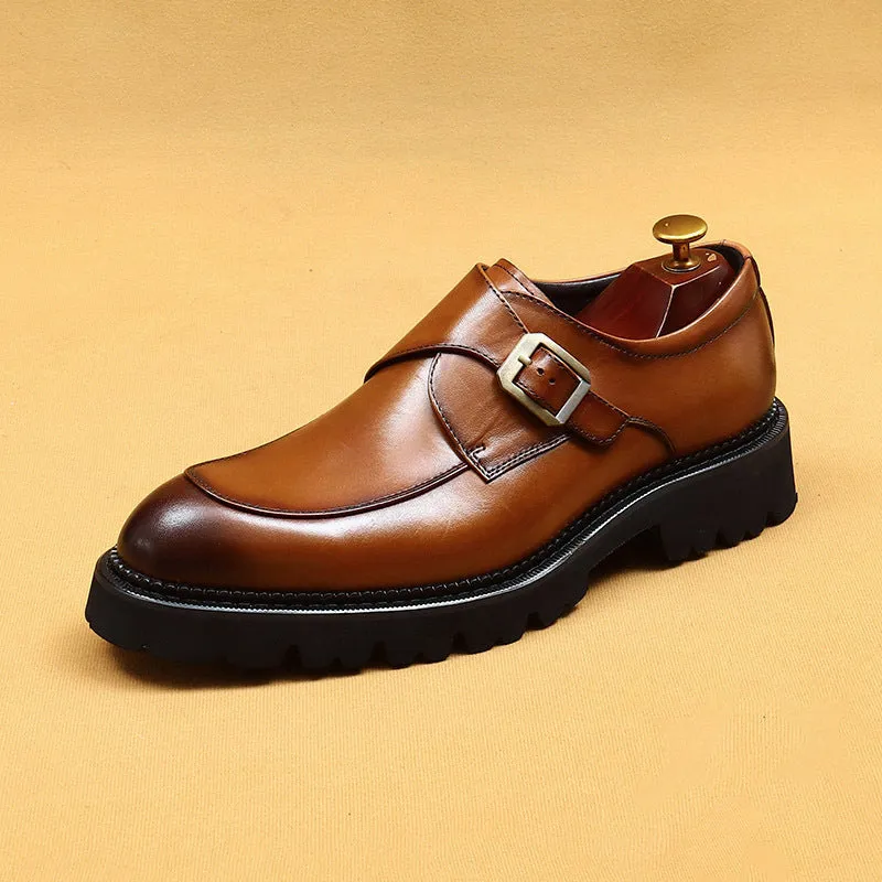 Top Layer Cowhide Men's Leather Shoes Business Leather Shoes Men's Leather Pointed British Style Slip-on Buckle Monk Shoes Platform Men's Shoes96151