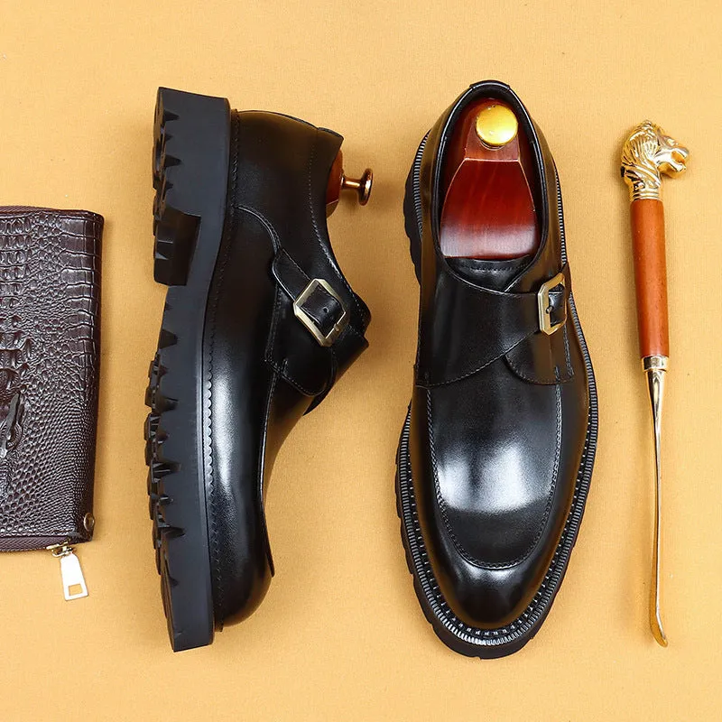 Top Layer Cowhide Men's Leather Shoes Business Leather Shoes Men's Leather Pointed British Style Slip-on Buckle Monk Shoes Platform Men's Shoes96151
