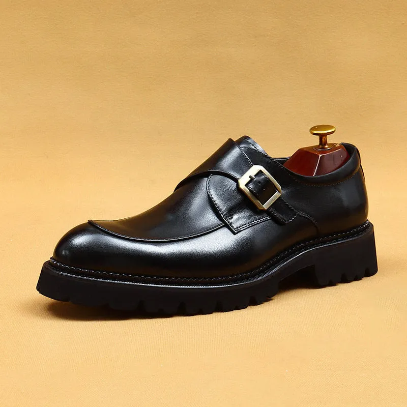 Top Layer Cowhide Men's Leather Shoes Business Leather Shoes Men's Leather Pointed British Style Slip-on Buckle Monk Shoes Platform Men's Shoes96151