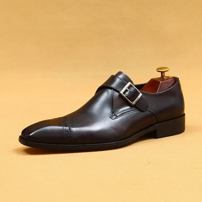 Top Layer Cowhide Men's Leather Shoes Handmade Custom Monk Shoes Men's British Vintage Buckle Business Formal Wear Authentic Leather Square Toe Leather Shoes65122