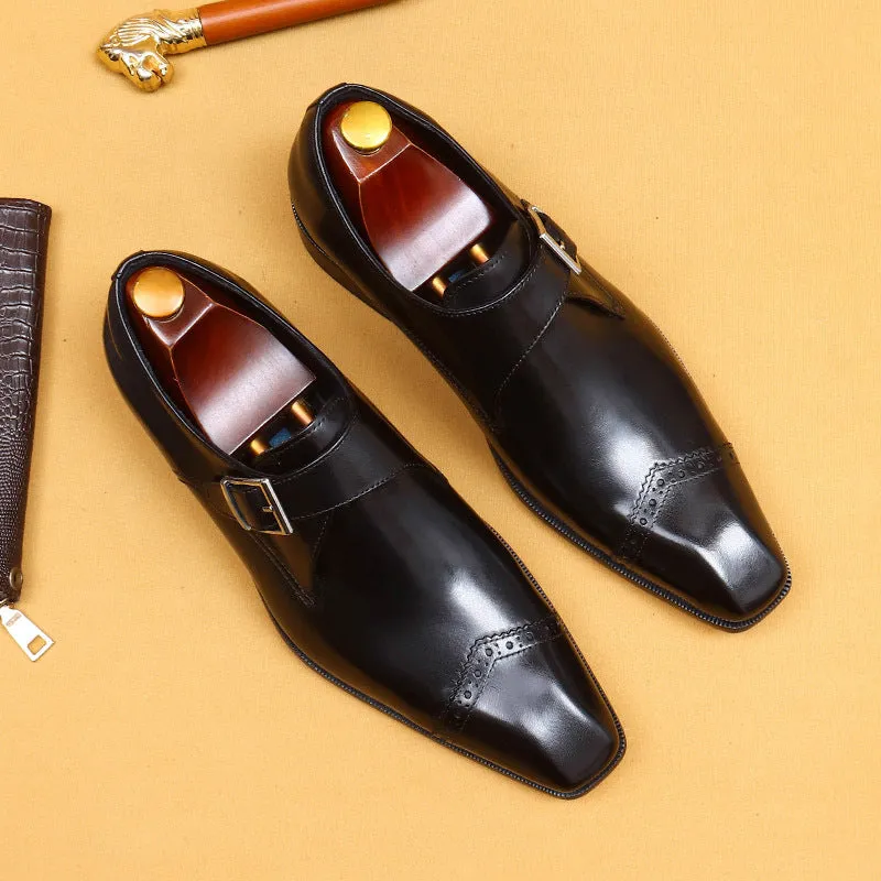 Top Layer Cowhide Men's Leather Shoes Handmade Custom Monk Shoes Men's British Vintage Buckle Business Formal Wear Authentic Leather Square Toe Leather Shoes65122
