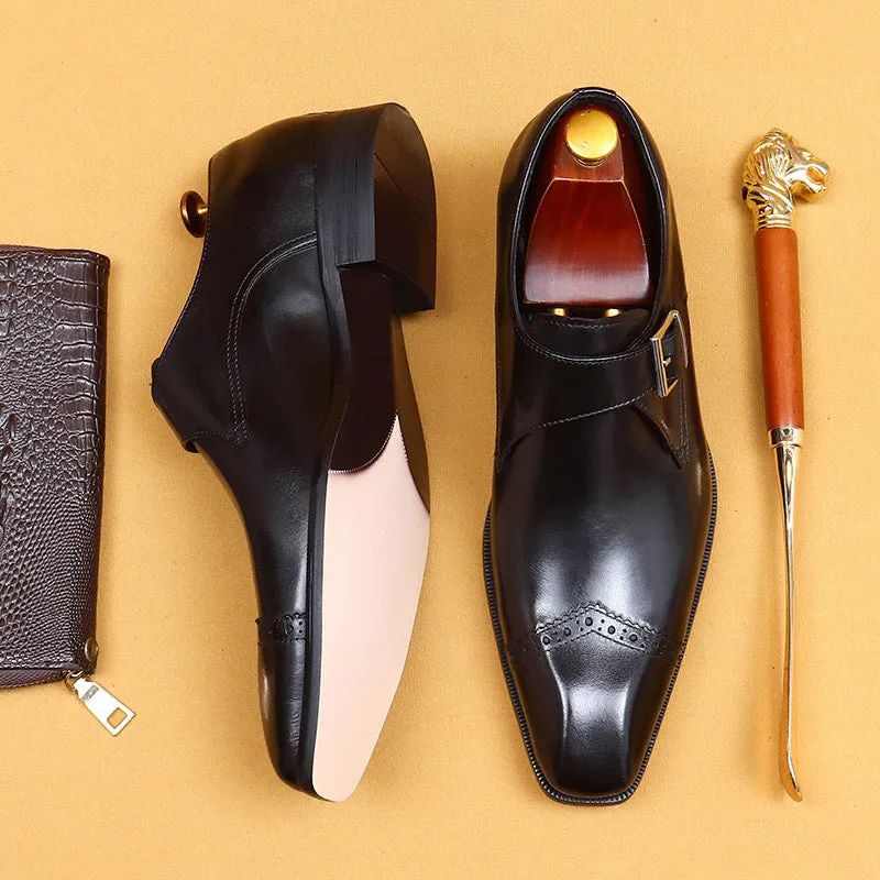 Top Layer Cowhide Men's Leather Shoes Handmade Custom Monk Shoes Men's British Vintage Buckle Business Formal Wear Authentic Leather Square Toe Leather Shoes65122