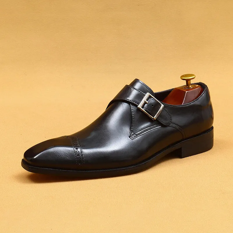 Top Layer Cowhide Men's Leather Shoes Handmade Custom Monk Shoes Men's British Vintage Buckle Business Formal Wear Authentic Leather Square Toe Leather Shoes65122