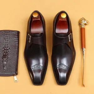 Top Layer Cowhide Men's Leather Shoes Handmade Custom Monk Shoes Men's British Vintage Buckle Business Formal Wear Authentic Leather Square Toe Leather Shoes65122