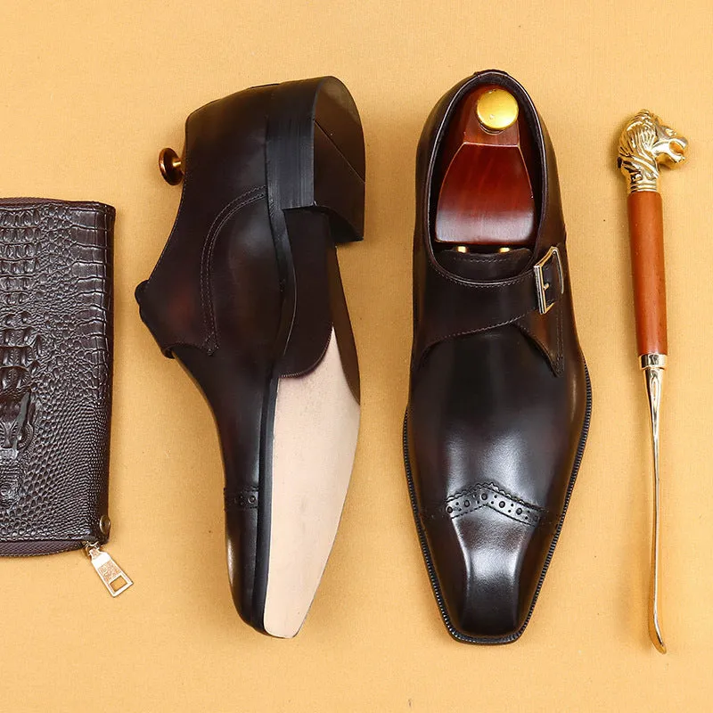 Top Layer Cowhide Men's Leather Shoes Handmade Custom Monk Shoes Men's British Vintage Buckle Business Formal Wear Authentic Leather Square Toe Leather Shoes65122