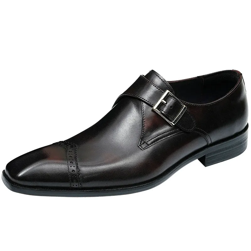 Top Layer Cowhide Men's Leather Shoes Handmade Custom Monk Shoes Men's British Vintage Buckle Business Formal Wear Authentic Leather Square Toe Leather Shoes65122