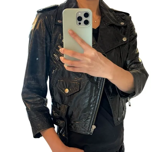 Truth   Pride Moto Jacket Women Medium Black Patent Leather Biker Crop Rock Belt