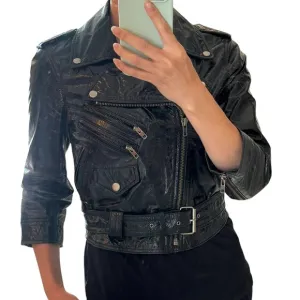 Truth   Pride Moto Jacket Women Medium Black Patent Leather Biker Crop Rock Belt