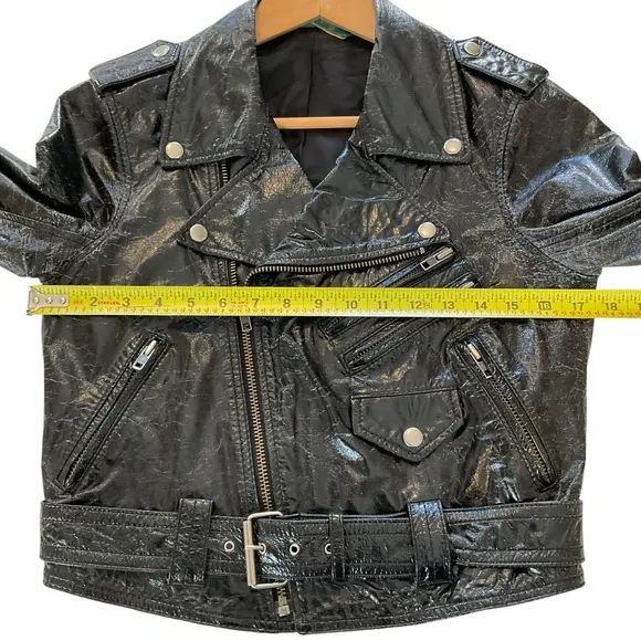 Truth   Pride Moto Jacket Women Medium Black Patent Leather Biker Crop Rock Belt