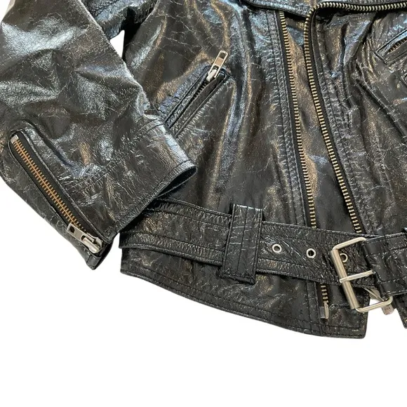 Truth   Pride Moto Jacket Women Medium Black Patent Leather Biker Crop Rock Belt
