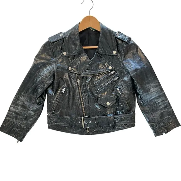 Truth   Pride Moto Jacket Women Medium Black Patent Leather Biker Crop Rock Belt