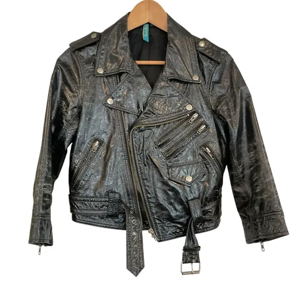Truth   Pride Moto Jacket Women Medium Black Patent Leather Biker Crop Rock Belt