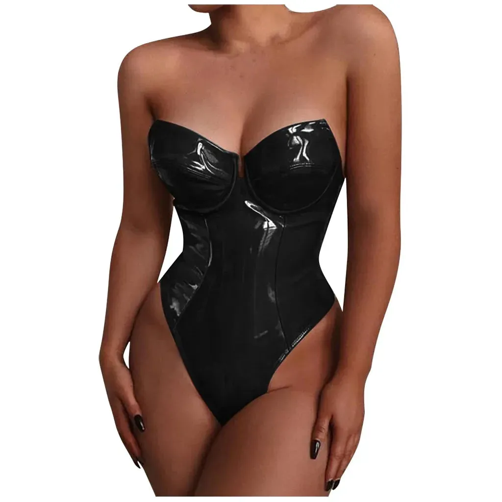 Unleash Your Inner Rebel with Our Solid Color Patent Leather Corset Jumpsuit Bodysuit Fashion