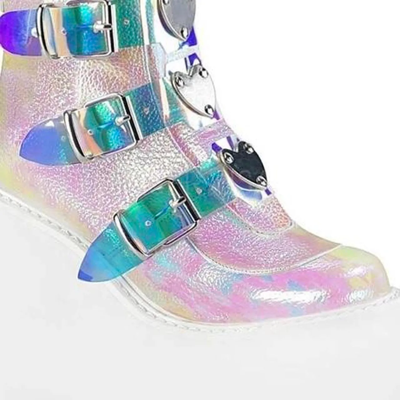 White Metallic Faux Leather Punk Platform Ankle Boots