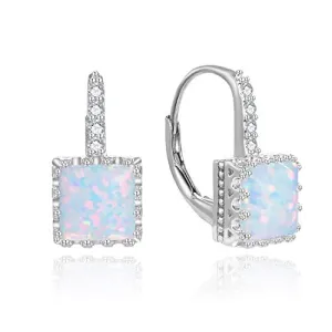 White Opal Princess Cut 925 Silver Earrings for Women