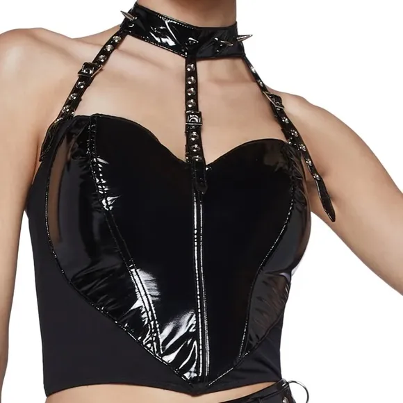Widow Dungeon Dynasty Halter Top Spike Collar NWT Black Vegan Leather Stripper M