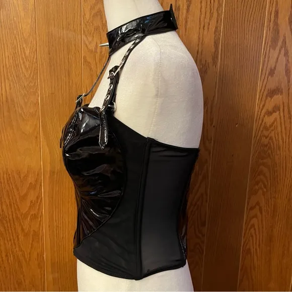 Widow Dungeon Dynasty Halter Top Spike Collar NWT Black Vegan Leather Stripper M