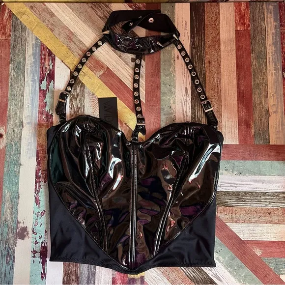 Widow Dungeon Dynasty Halter Top Spike Collar NWT Black Vegan Leather Stripper M
