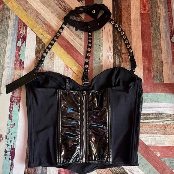 Widow Dungeon Dynasty Halter Top Spike Collar NWT Black Vegan Leather Stripper M