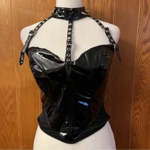 Widow Dungeon Dynasty Halter Top Spike Collar NWT Black Vegan Leather Stripper M