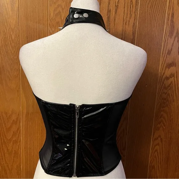 Widow Dungeon Dynasty Halter Top Spike Collar NWT Black Vegan Leather Stripper M