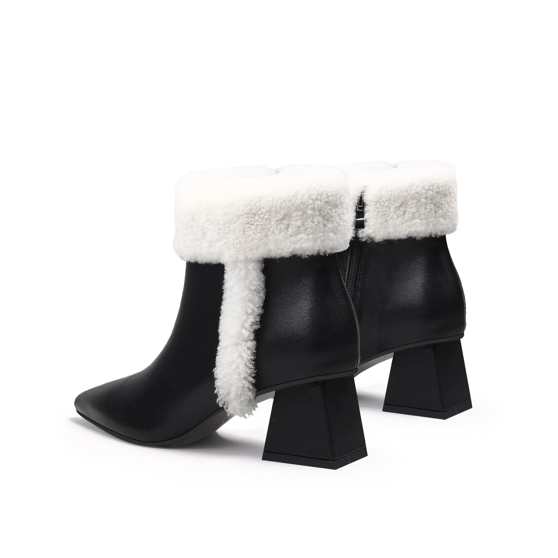 Wool Trim Block Heel Leather Ankle Boot - White