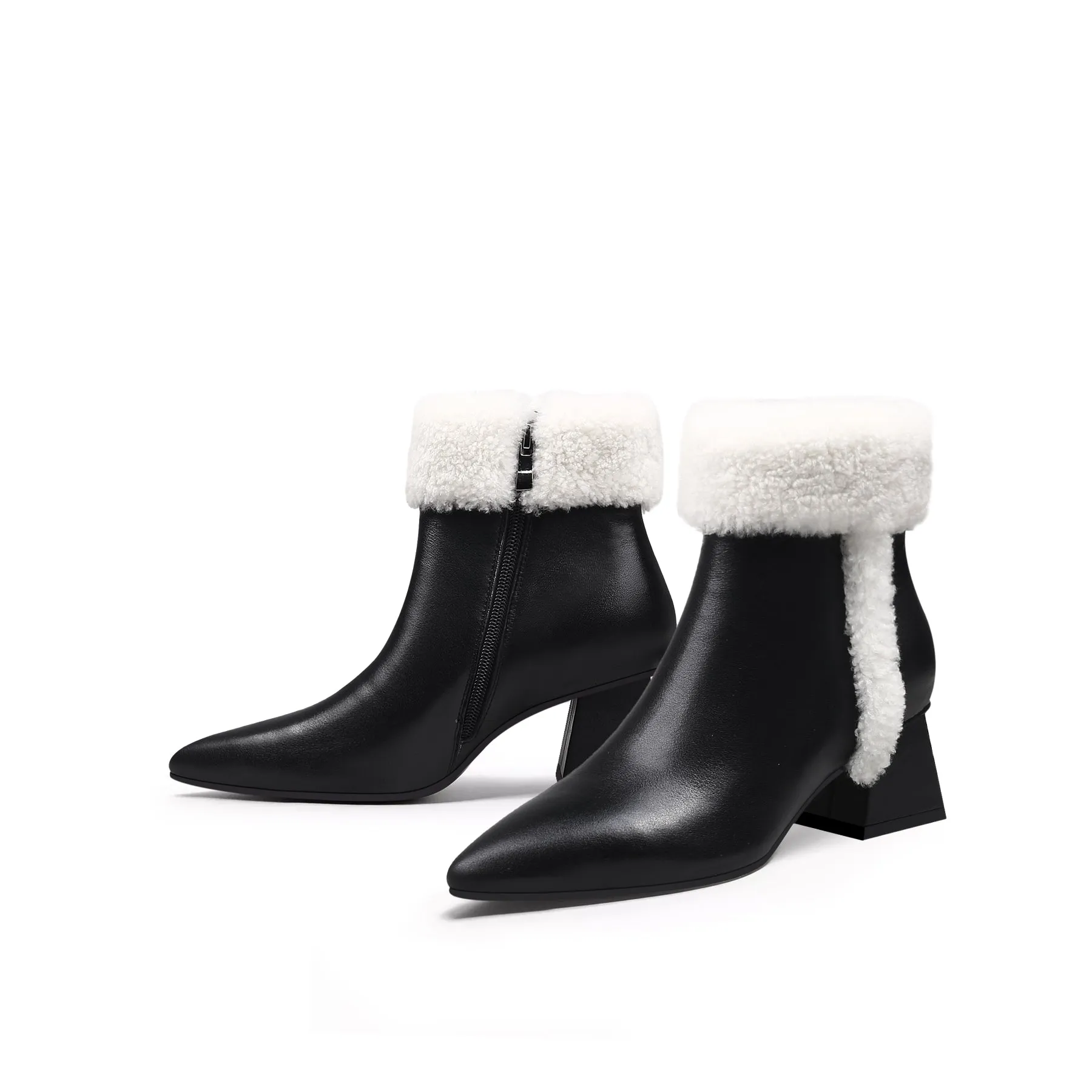 Wool Trim Block Heel Leather Ankle Boot - White