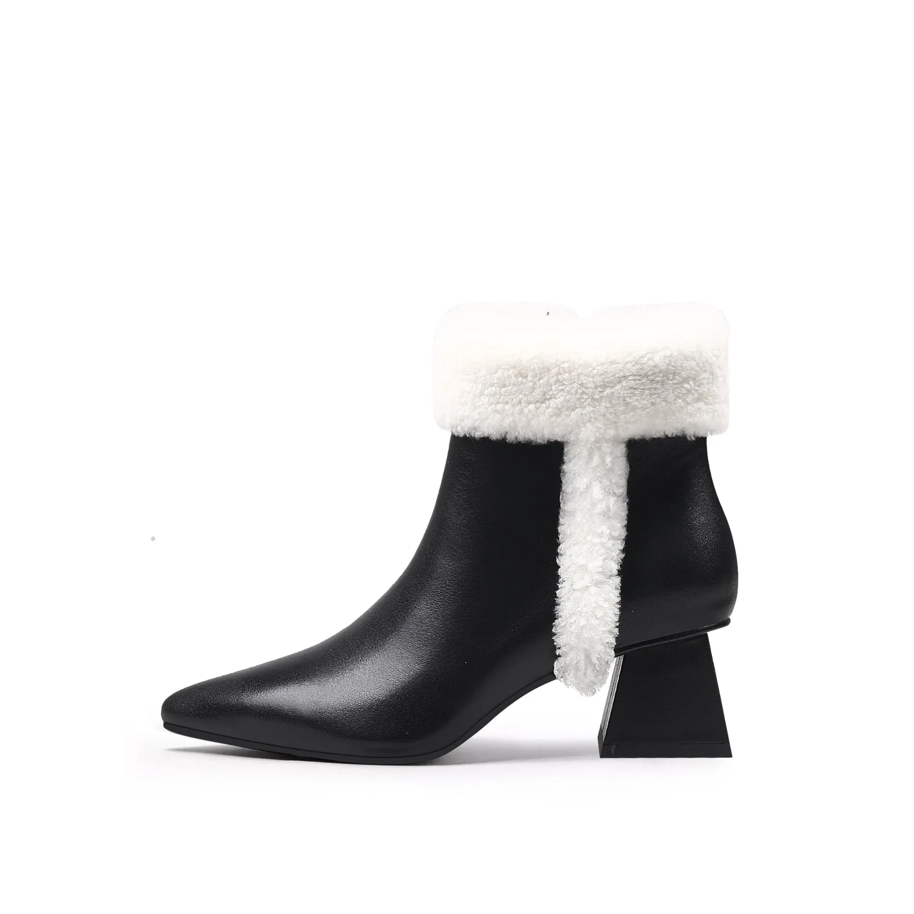 Wool Trim Block Heel Leather Ankle Boot - White