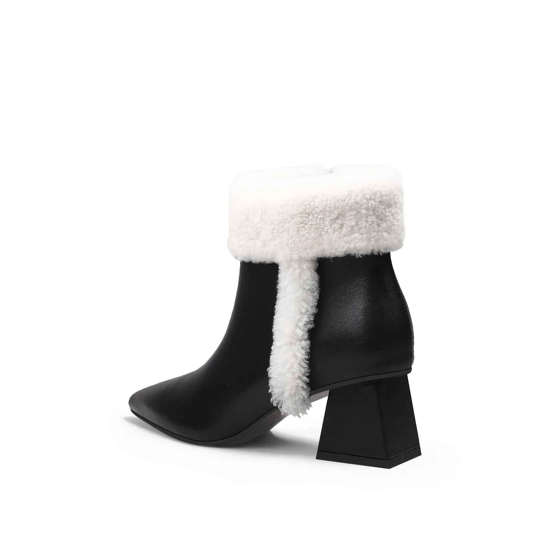 Wool Trim Block Heel Leather Ankle Boot - White