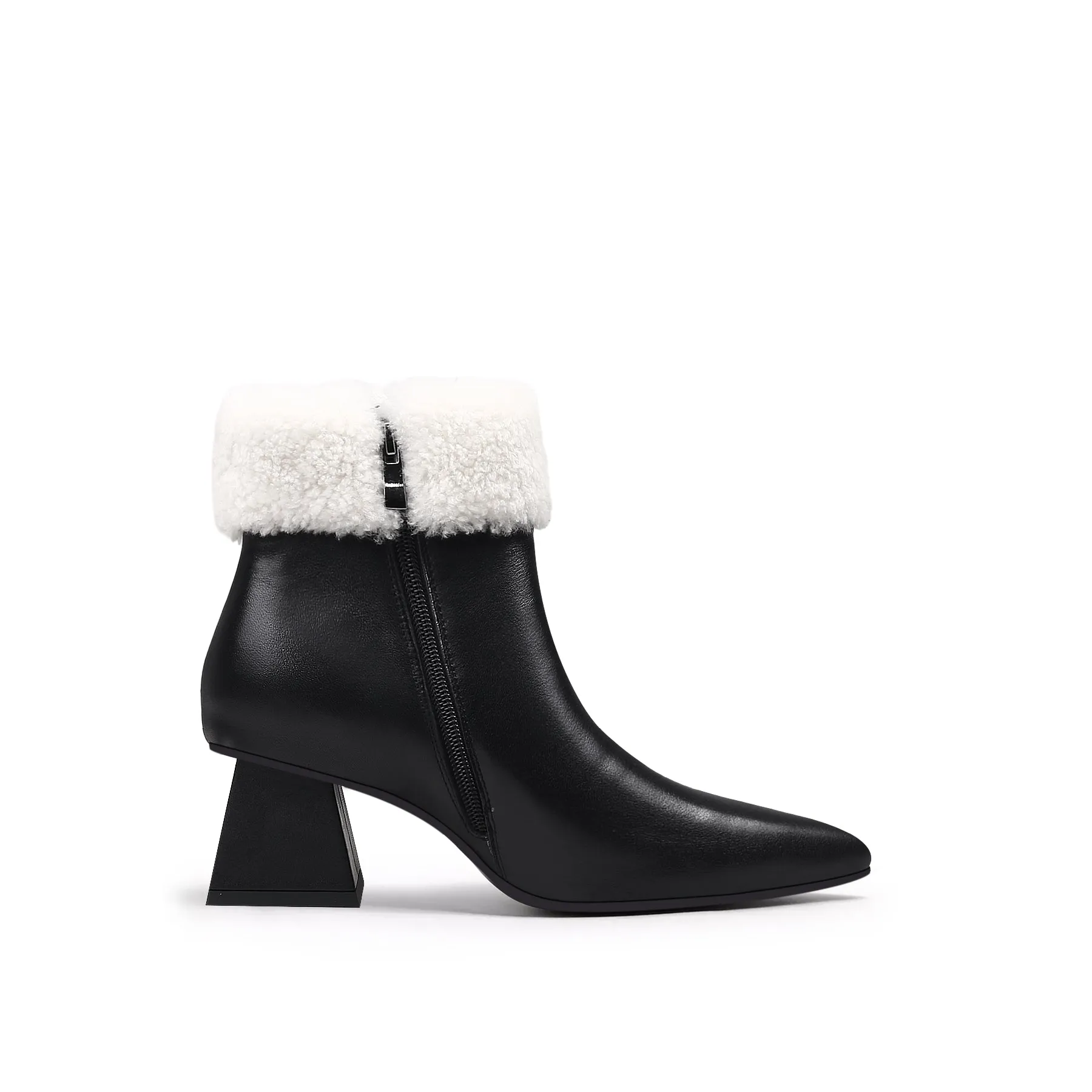 Wool Trim Block Heel Leather Ankle Boot - White
