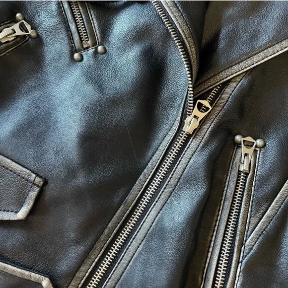 Zara Moto Distressed Faux Leather Studded Jacket with Sweatshirt Hood XS Black