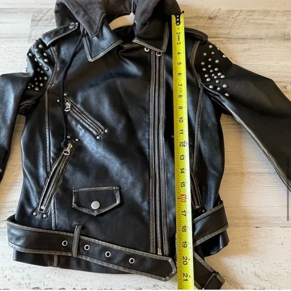 Zara Moto Distressed Faux Leather Studded Jacket with Sweatshirt Hood XS Black