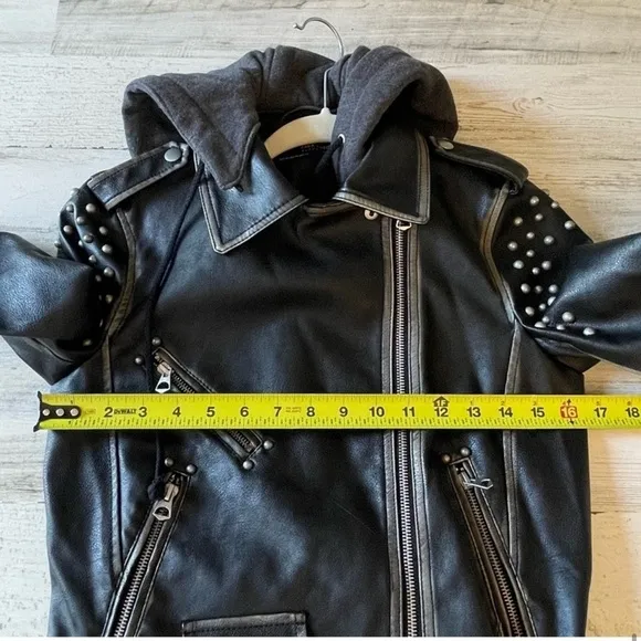 Zara Moto Distressed Faux Leather Studded Jacket with Sweatshirt Hood XS Black