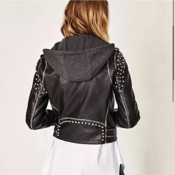 Zara Moto Distressed Faux Leather Studded Jacket with Sweatshirt Hood XS Black