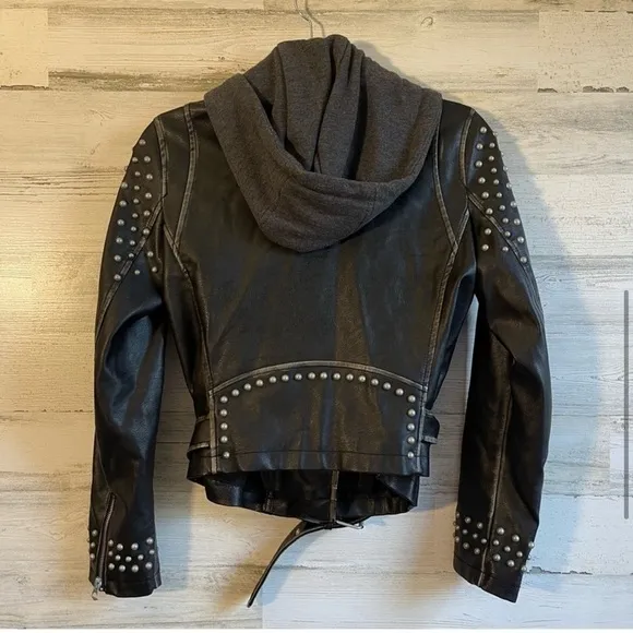 Zara Moto Distressed Faux Leather Studded Jacket with Sweatshirt Hood XS Black