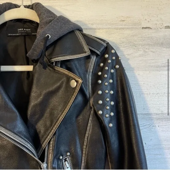 Zara Moto Distressed Faux Leather Studded Jacket with Sweatshirt Hood XS Black